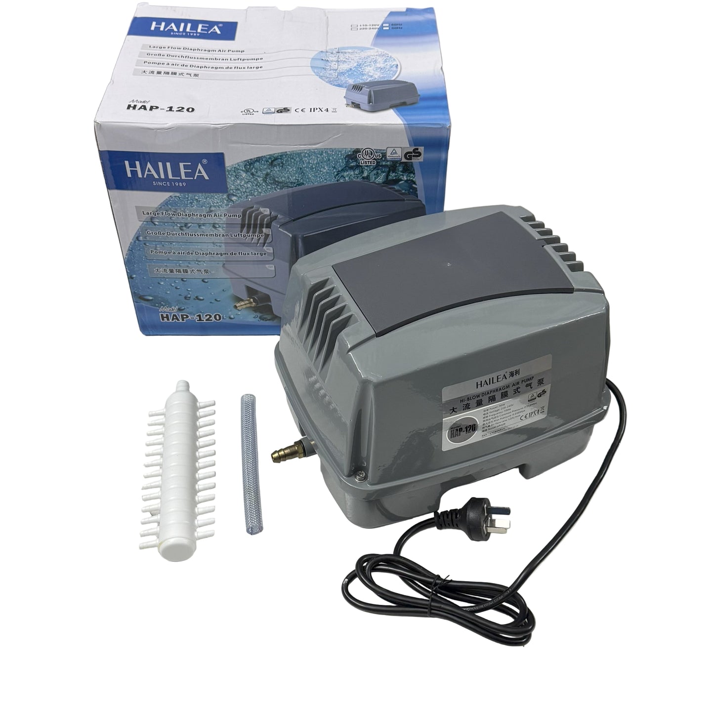 Gray HAILEA air pump with accessories on a white surface