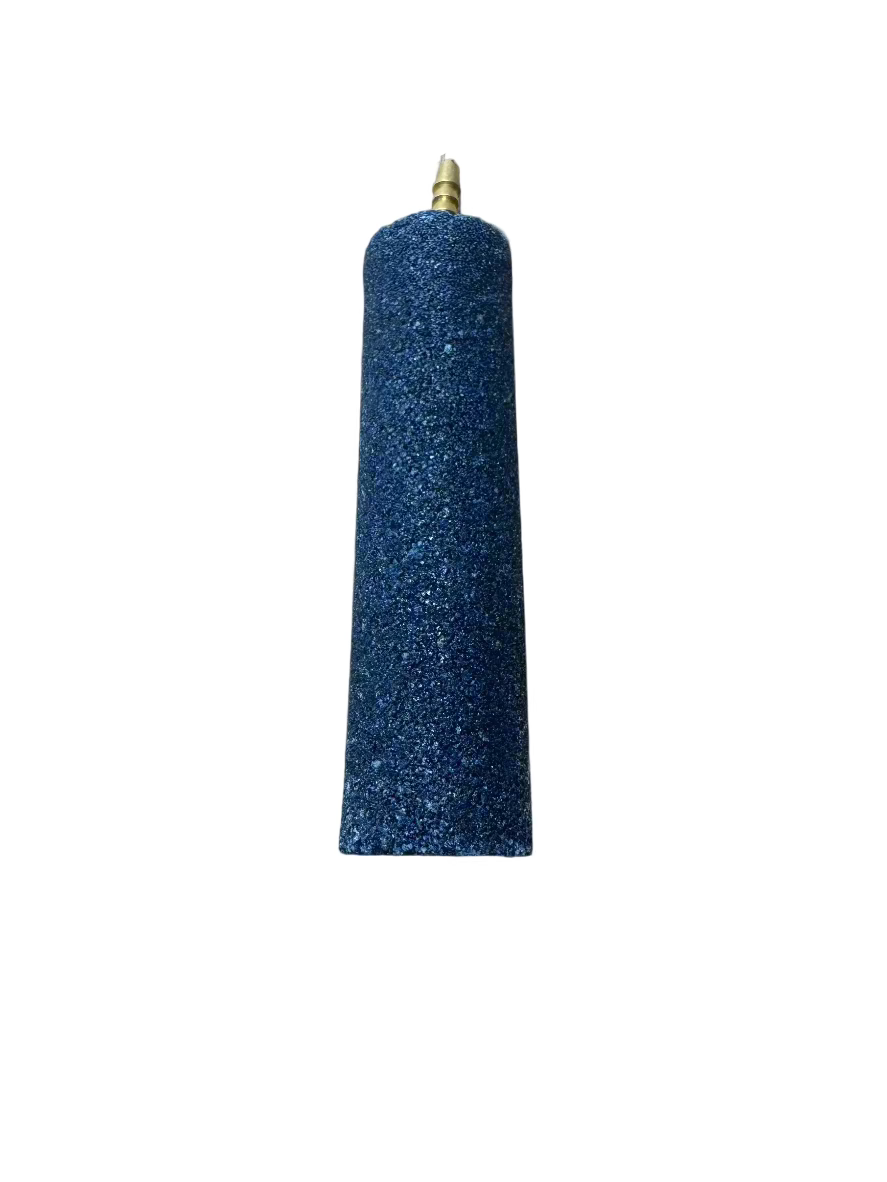 A cylindrical airstone with a blue-green textured top and a brass nozzle, suspended against a grey background.