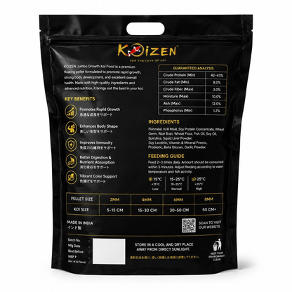 Back of KOIZEN koi food pack showing ingredient list and feeding instructions