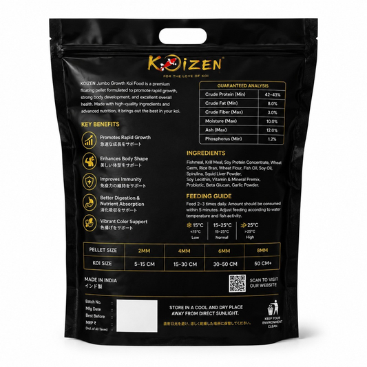 Back of KOIZEN koi food pack showing ingredient list and feeding instructions