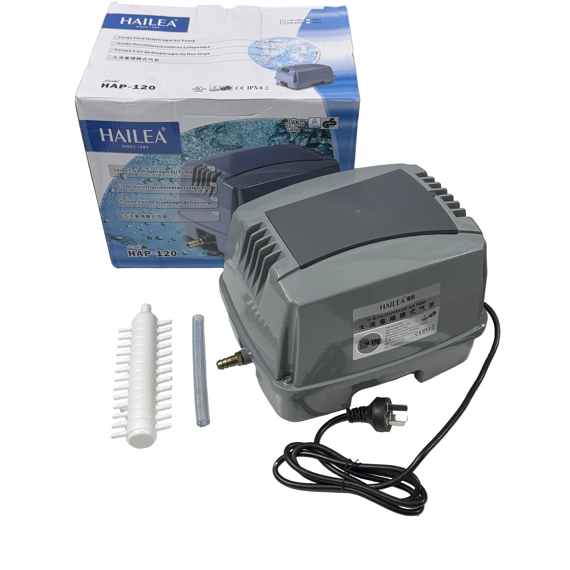 Gray HAILEA air pump with accessories on a white surface
