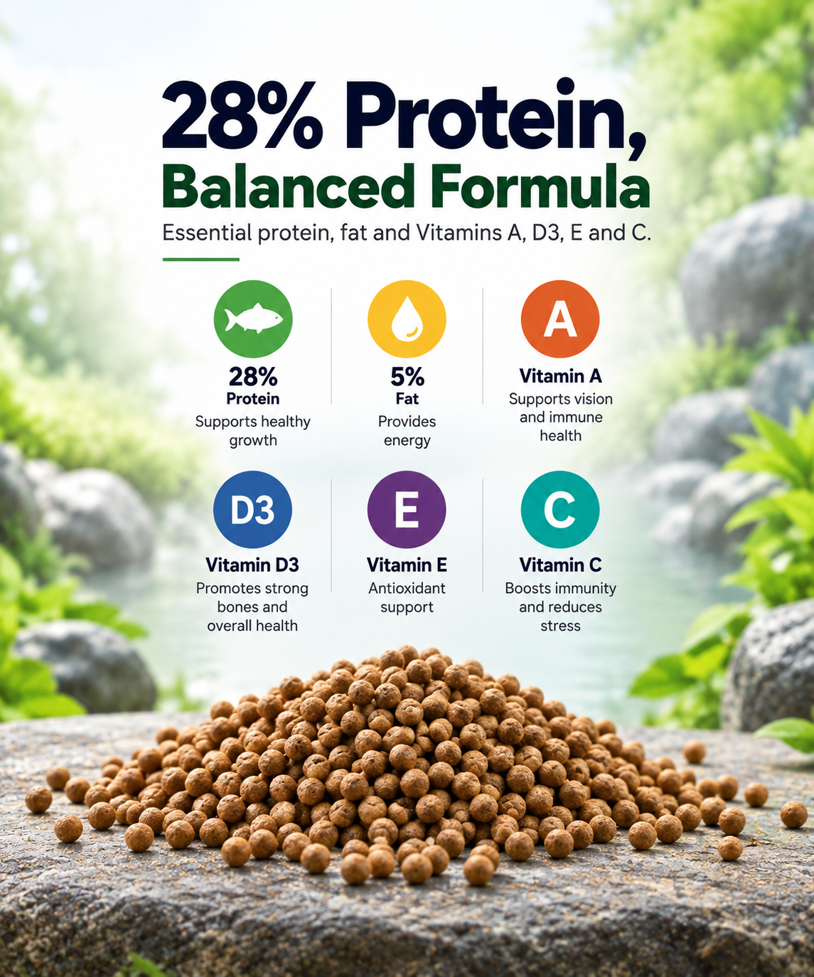Hikari Economy infographic showing 28% protein balanced formula with pellets