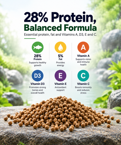 Hikari Economy infographic showing 28% protein balanced formula with pellets