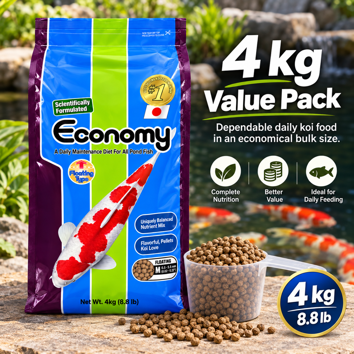 Hikari Economy 4kg value pack bag with pellets shown beside it