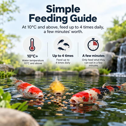 Hikari Economy feeding guide graphic showing feeding frequency by temperature