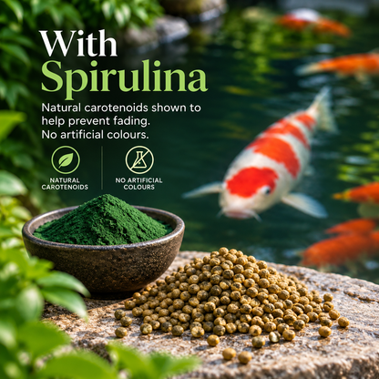 Hikari Economy Spirulina ingredient with pellets and koi in background